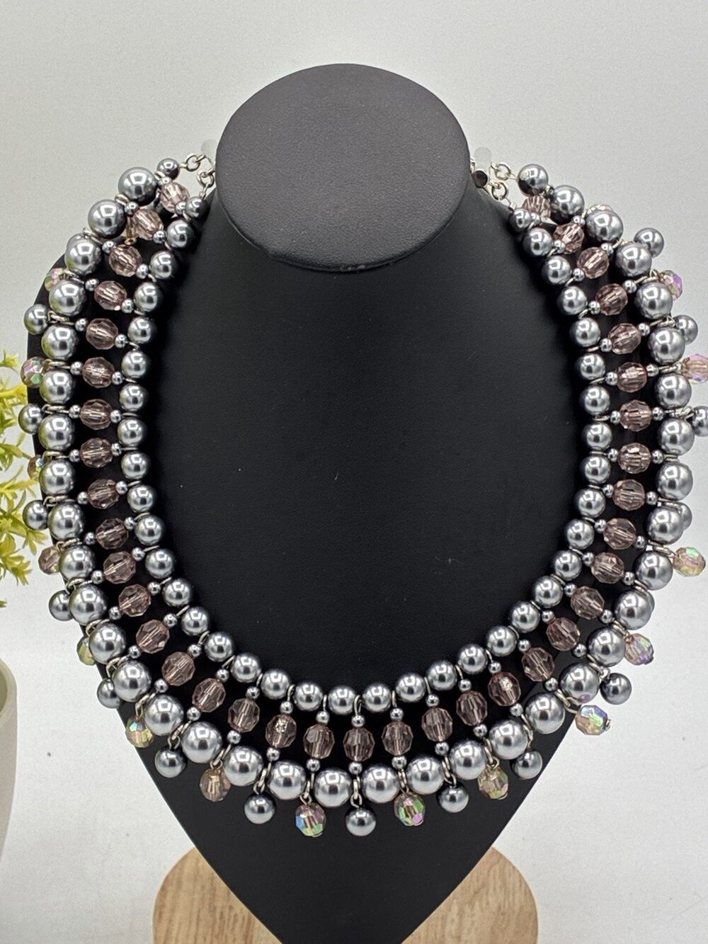 Mixit Statement Necklace NWT Gray Faux Pearl Pink Beaded Bib Necklace